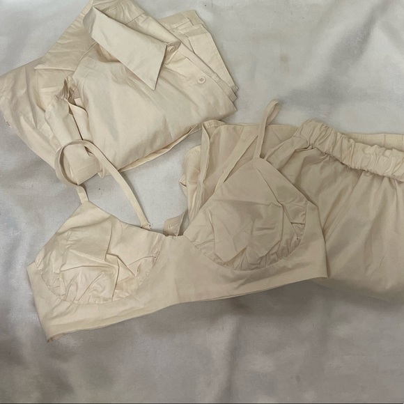 NEW 3pcs set beige womens shirt top shorts button down M;L casual - Picture 7 of 16